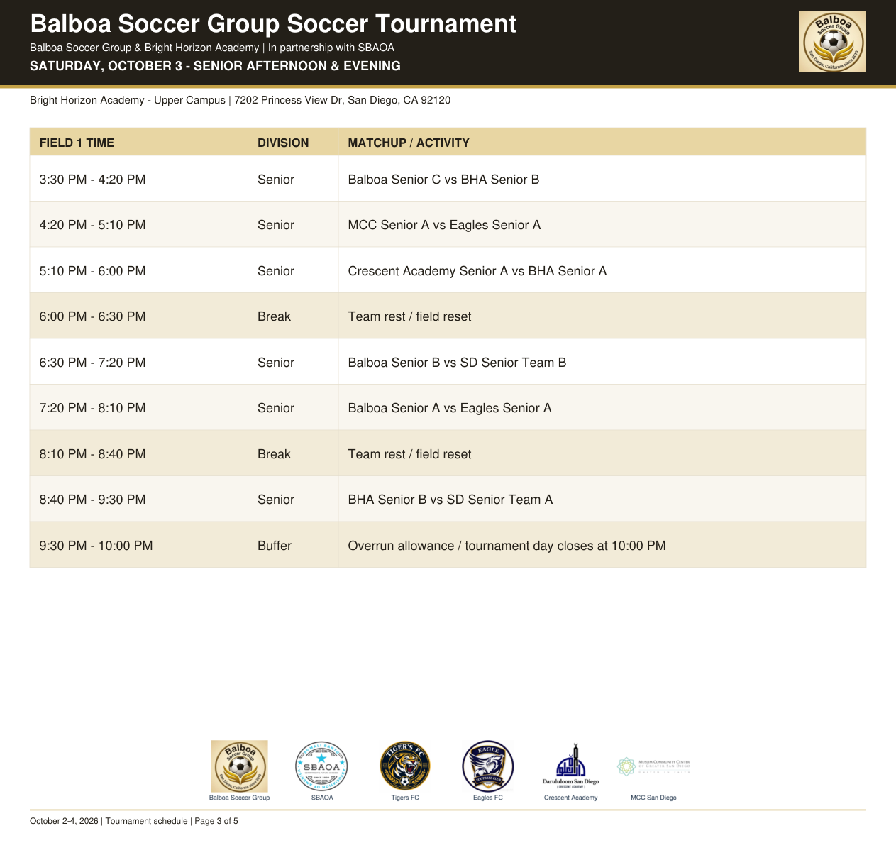 Saturday senior afternoon and evening