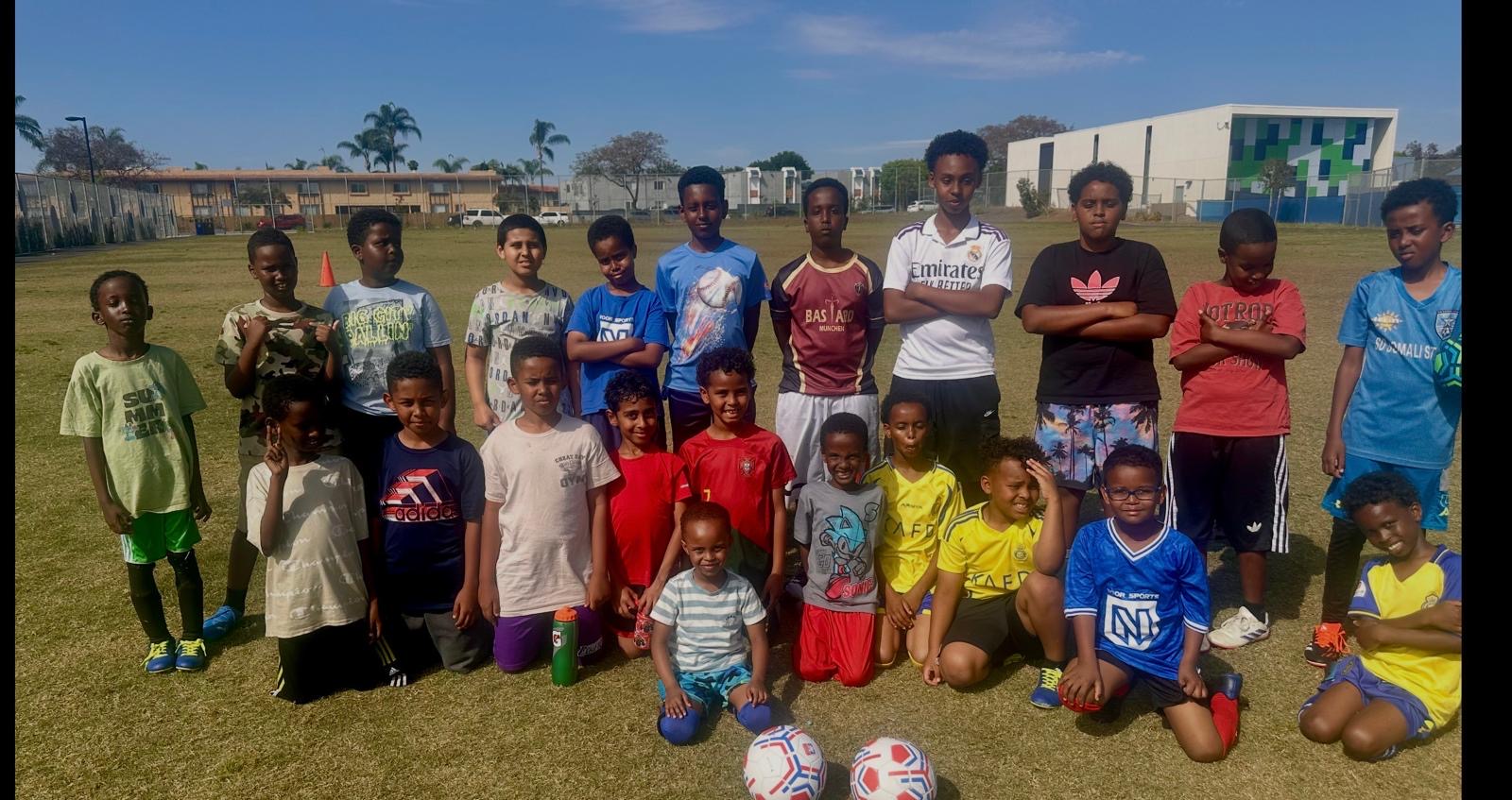 Youth soccer group with soccer balls on the field